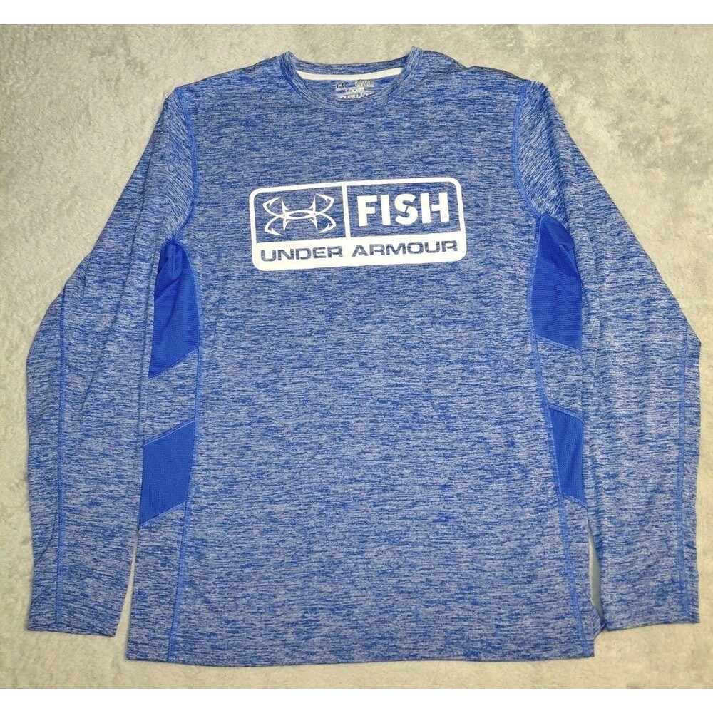 Under Armour Fish Long Sleeve Shirt Men's Medium Heat Gear Loose Fit Blue EUC